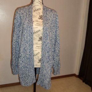 LL Bean Woman's Large Cardigan Sweater Blue White Pockets 100% Cotton